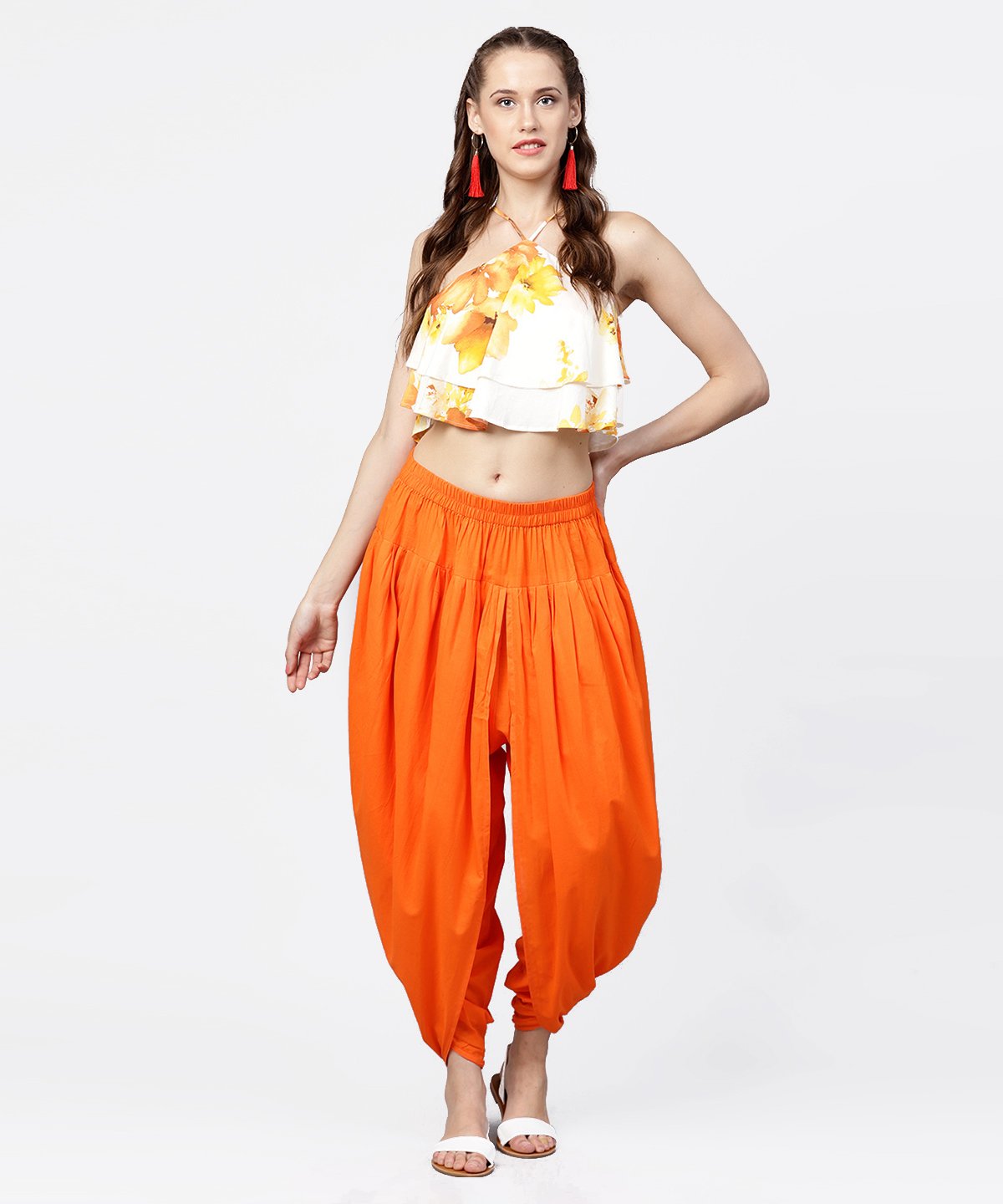 Women's Solid Orange Ankle Length Cotton Dhoti Pant