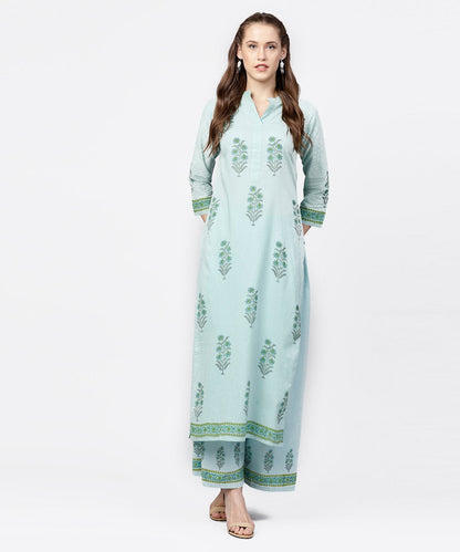 Women's Green Hand Block Printed 3/4Th Sleeve Cottonkurta With Block Printed Palazzo Set