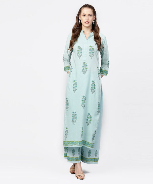 Women's Green Hand Block Printed 3/4Th Sleeve Cottonkurta With Block Printed Palazzo Set