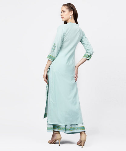 Women's Green Hand Block Printed 3/4Th Sleeve Cottonkurta With Block Printed Palazzo Set