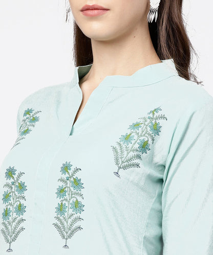 Women's Green Hand Block Printed 3/4Th Sleeve Cottonkurta With Block Printed Palazzo Set