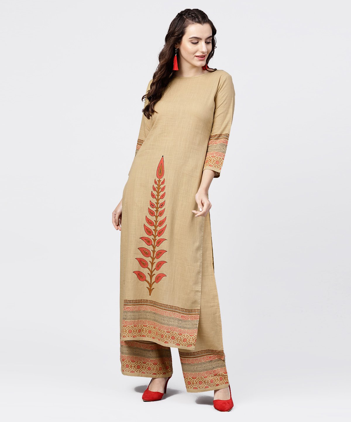 Women's Mustard Yellow 3//4Th Sleeve Hand Block Printed Kurta With Hand Block Printed Palazzo Set