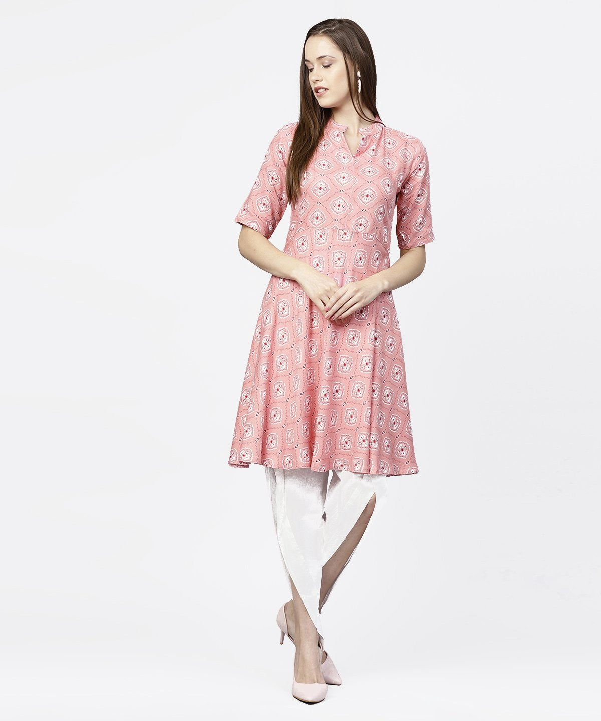 Women's Peach Printed Half Sleeve Short Anarkali Kurta