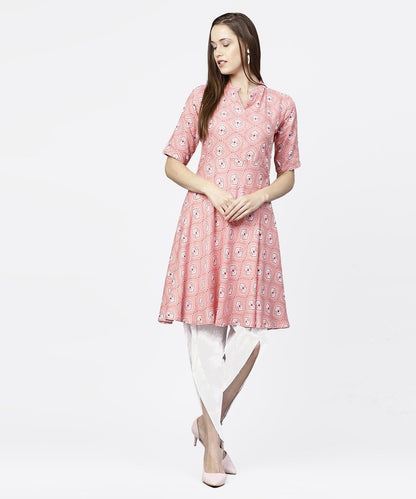 Women's Peach Printed Half Sleeve Short Anarkali Kurta