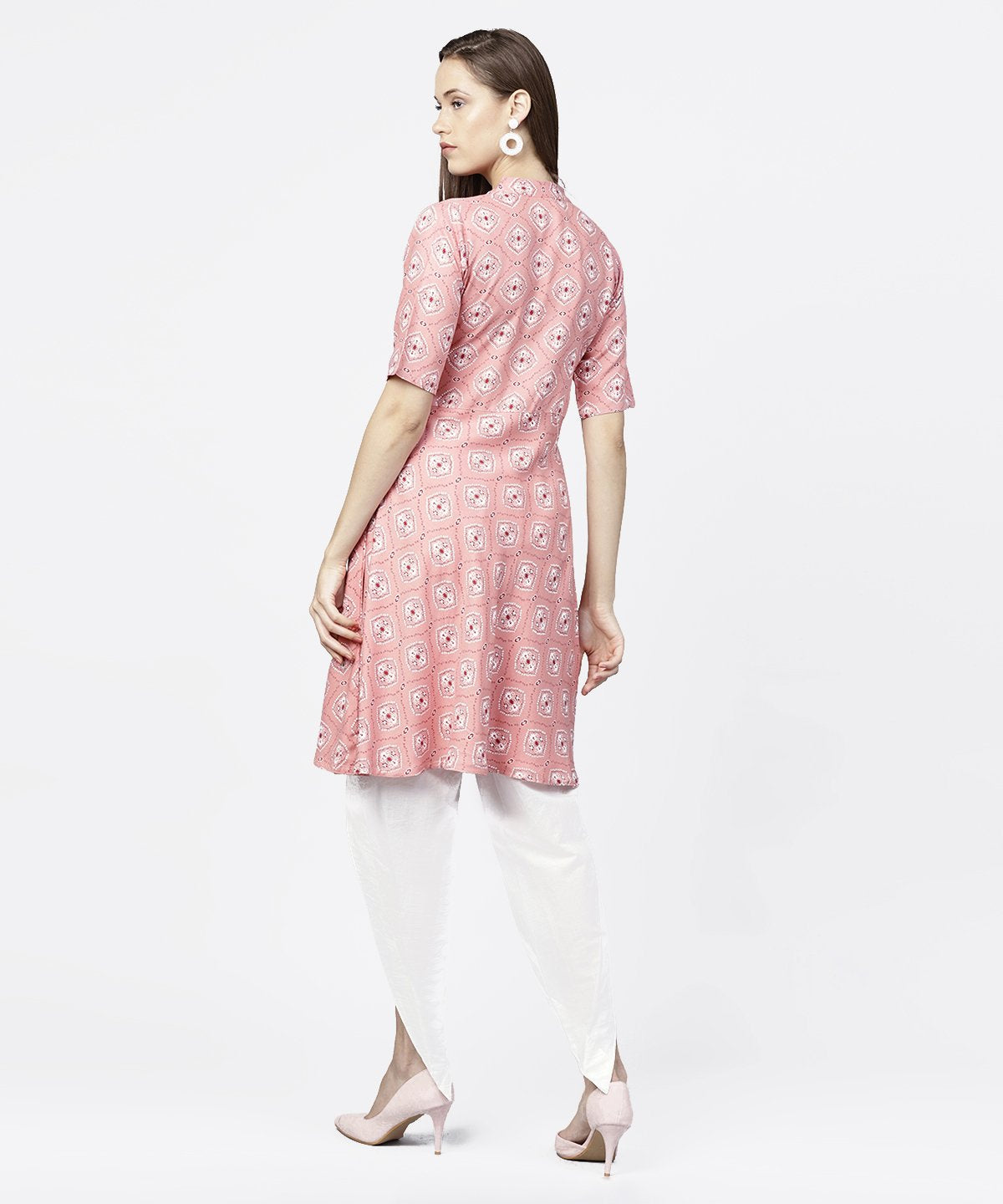 Women's Peach Printed Half Sleeve Short Anarkali Kurta