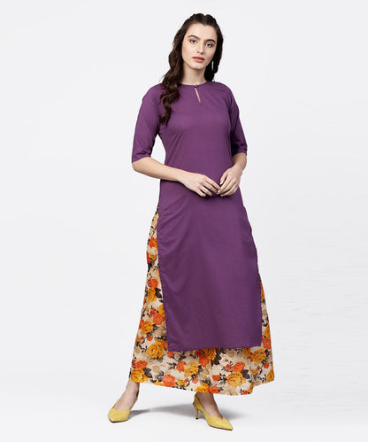 Women's Solid Short- Round Neck With A Slit 3/4Th Sleeved Kurta With Floral Printed Skirt Set