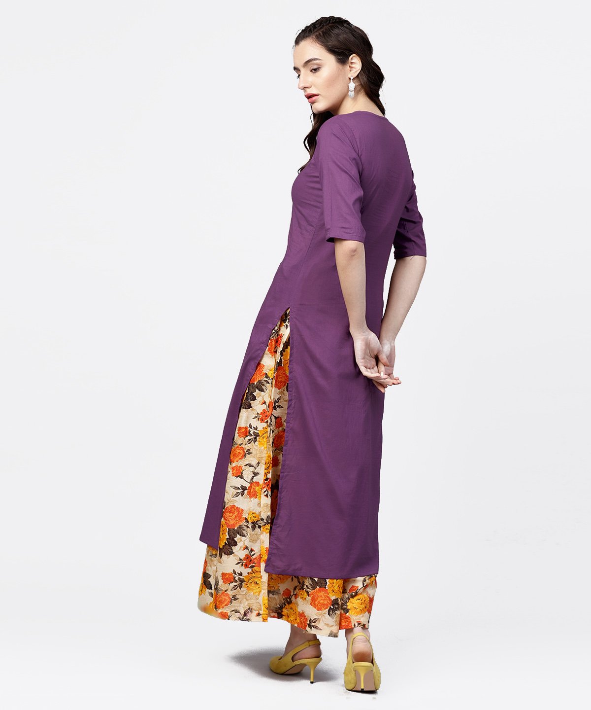 Women's Solid Short- Round Neck With A Slit 3/4Th Sleeved Kurta With Floral Printed Skirt Set