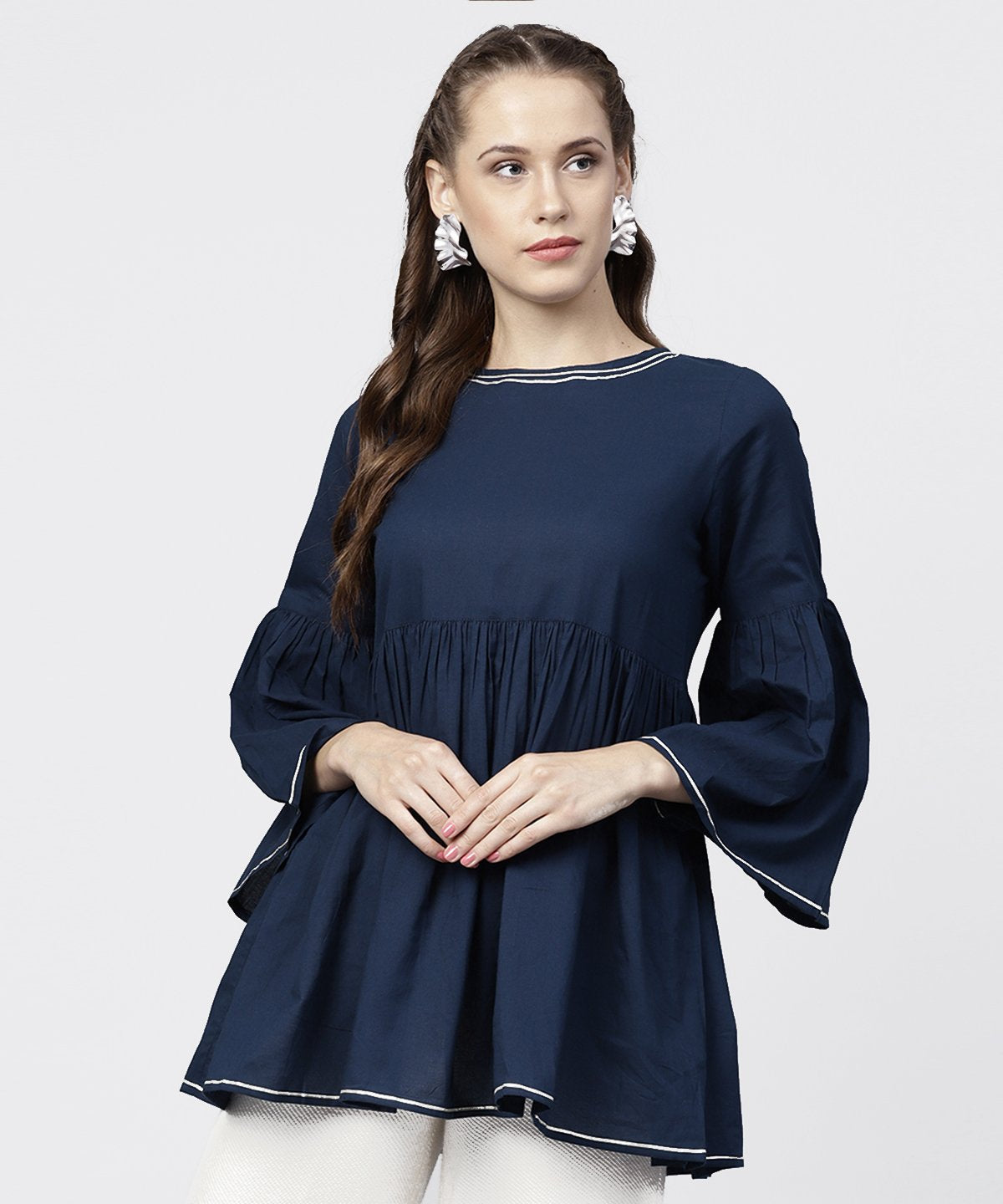 Women's Solid Round Neck With Gathers And 3/4Th Flared Sleeves Tunic