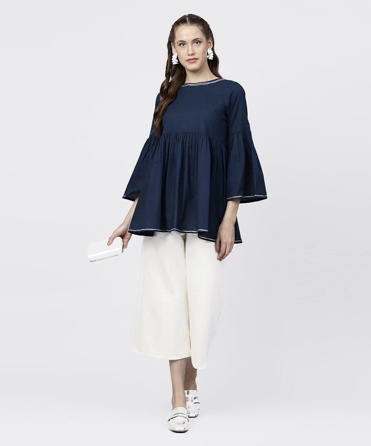 Women's Solid Round Neck With Gathers And 3/4Th Flared Sleeves Tunic