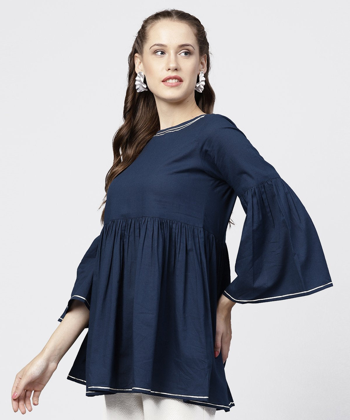 Women's Solid Round Neck With Gathers And 3/4Th Flared Sleeves Tunic