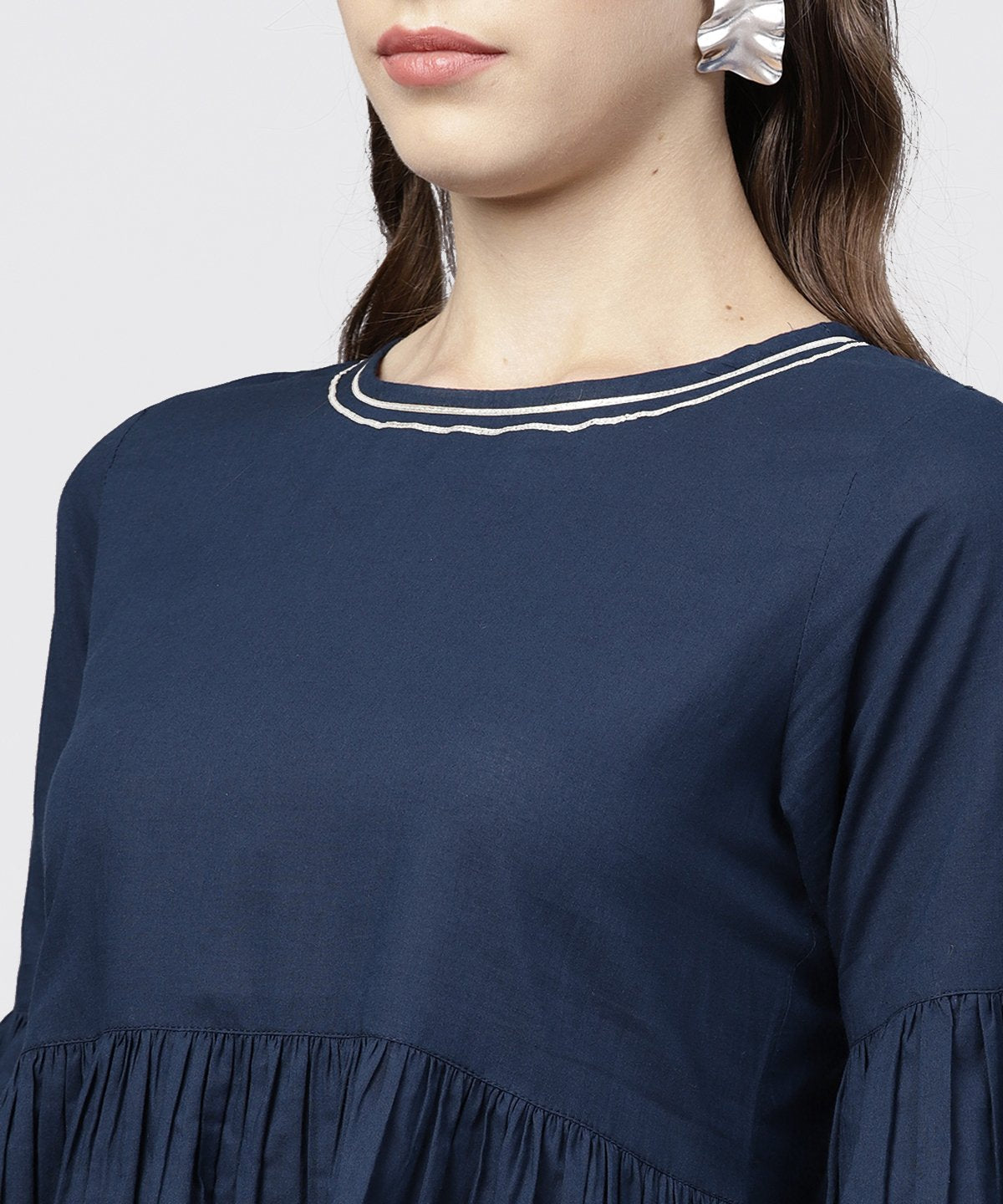 Women's Solid Round Neck With Gathers And 3/4Th Flared Sleeves Tunic