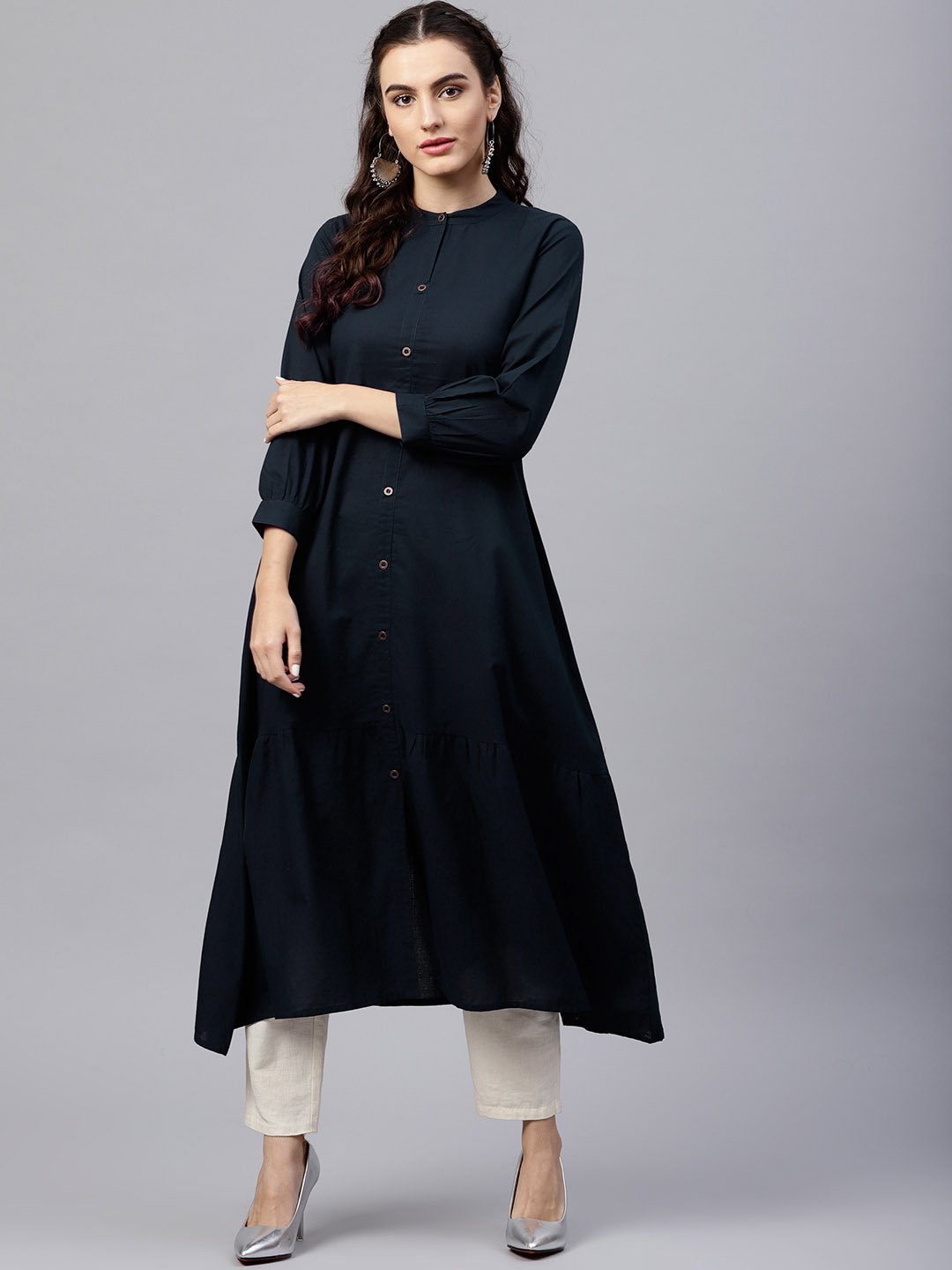 Women's Navy Blue Round Neck A-Line Kurta With Front Placket And Cuffed Full Sleeves