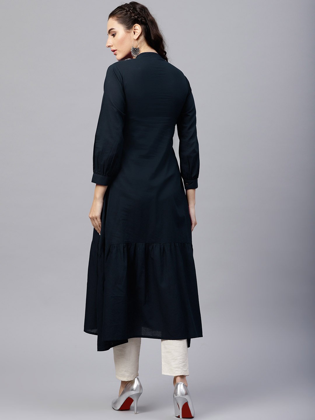 Women's Navy Blue Round Neck A-Line Kurta With Front Placket And Cuffed Full Sleeves