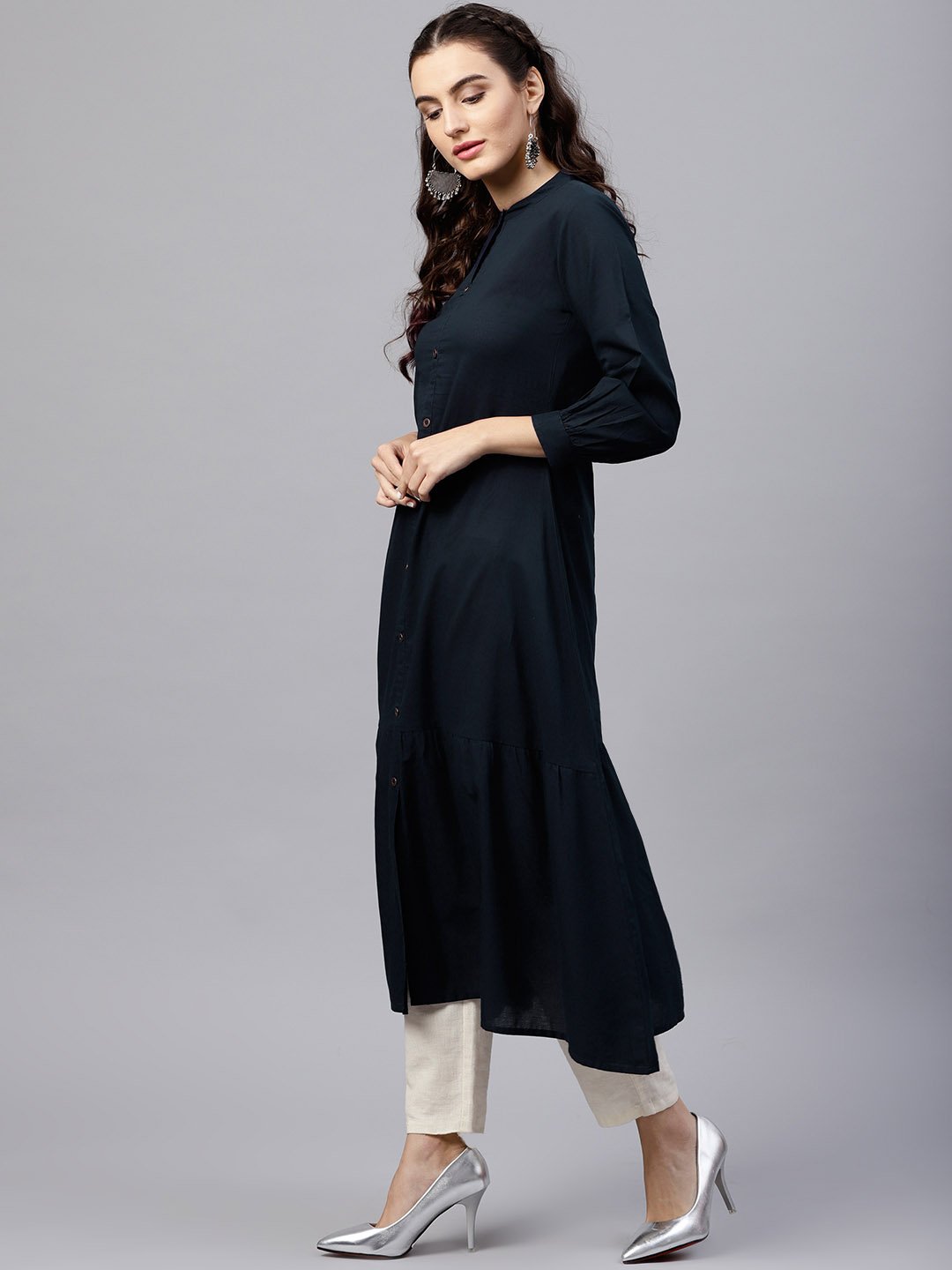 Women's Navy Blue Round Neck A-Line Kurta With Front Placket And Cuffed Full Sleeves