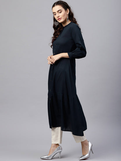 Women's Navy Blue Round Neck A-Line Kurta With Front Placket And Cuffed Full Sleeves