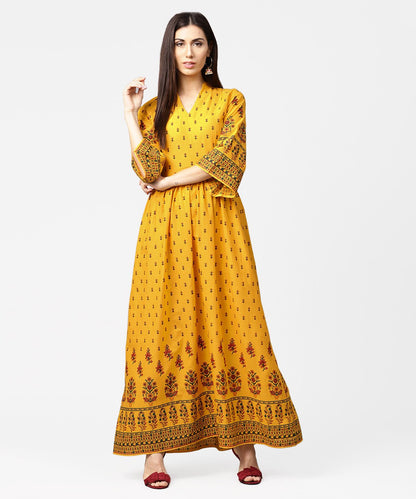 Women's Yellow Printed 3/4Th Flared Sleeve Cotton Maxi Dress