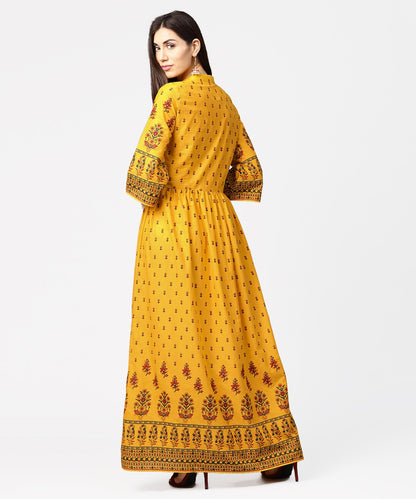 Women's Yellow Printed 3/4Th Flared Sleeve Cotton Maxi Dress