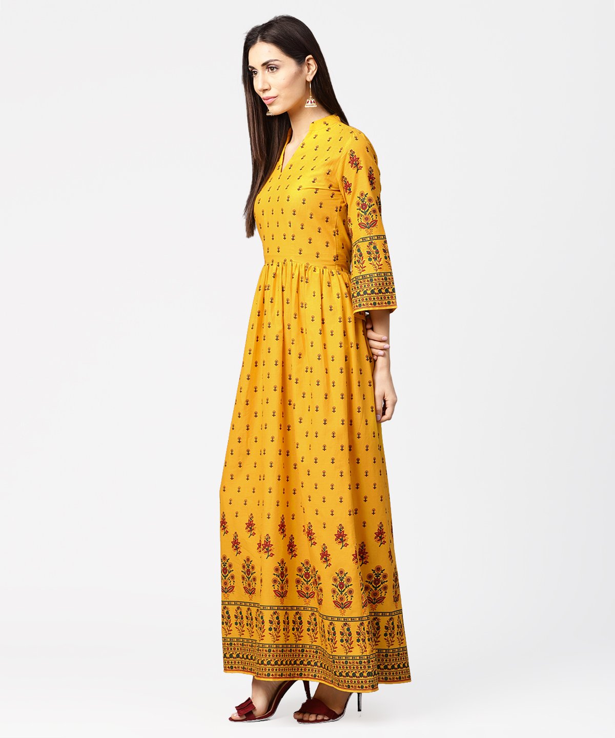 Women's Yellow Printed 3/4Th Flared Sleeve Cotton Maxi Dress