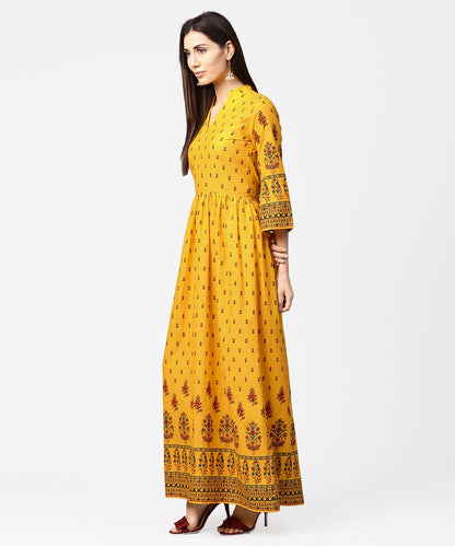 Women's Yellow Printed 3/4Th Flared Sleeve Cotton Maxi Dress