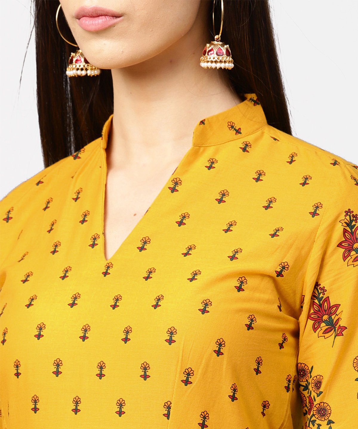 Women's Yellow Printed 3/4Th Flared Sleeve Cotton Maxi Dress