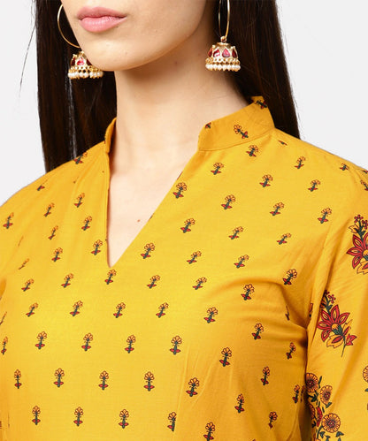 Women's Yellow Printed 3/4Th Flared Sleeve Cotton Maxi Dress