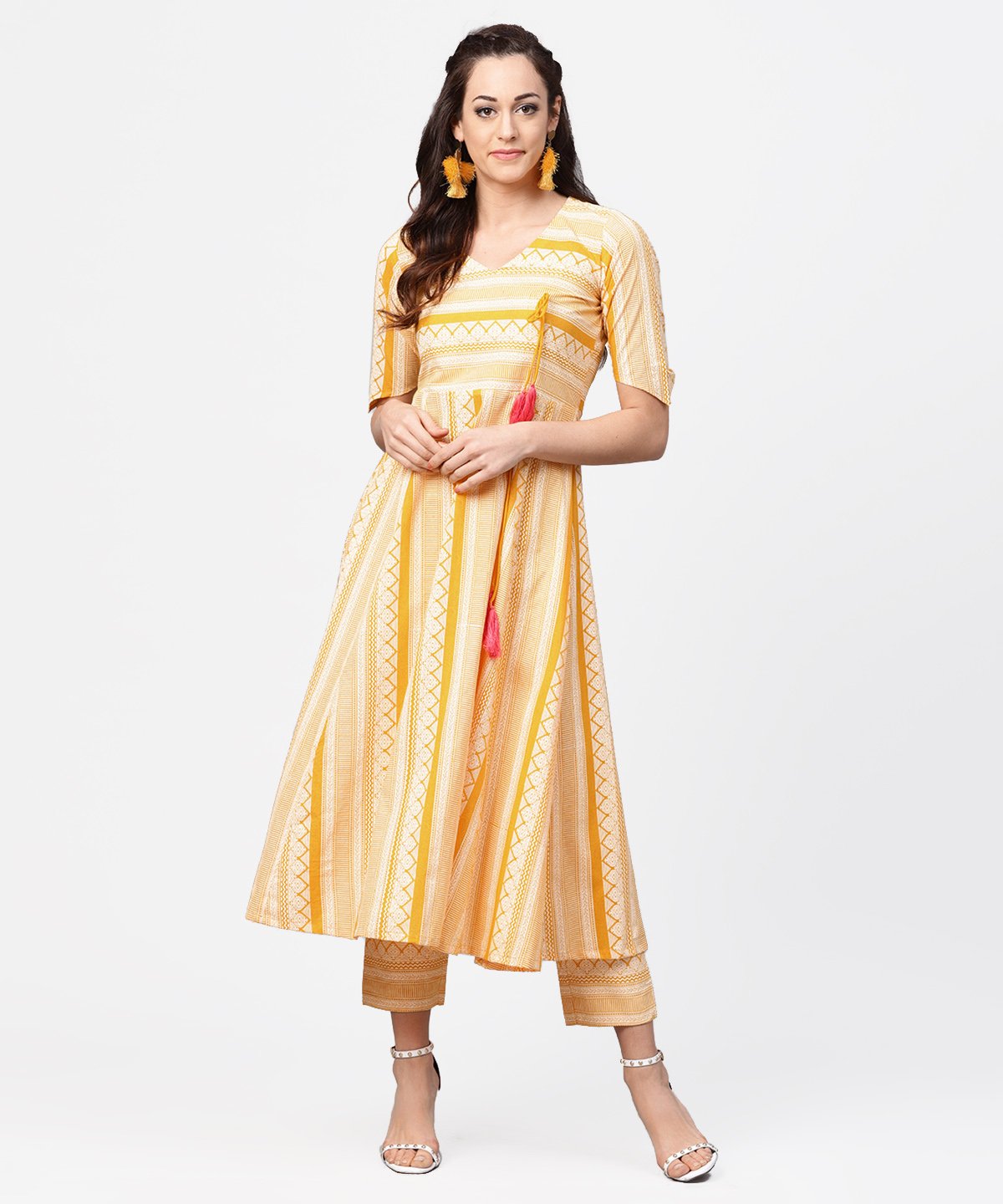 Women's Yellow Printed Half Slevee Cotton A-Line Kurta With Dori Work With Ankle Length Pant