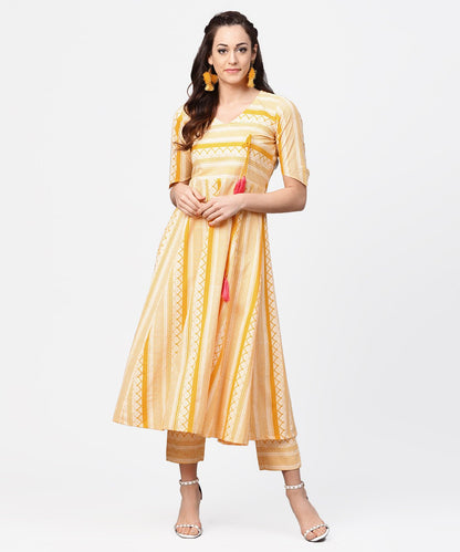 Women's Yellow Printed Half Slevee Cotton A-Line Kurta With Dori Work With Ankle Length Pant