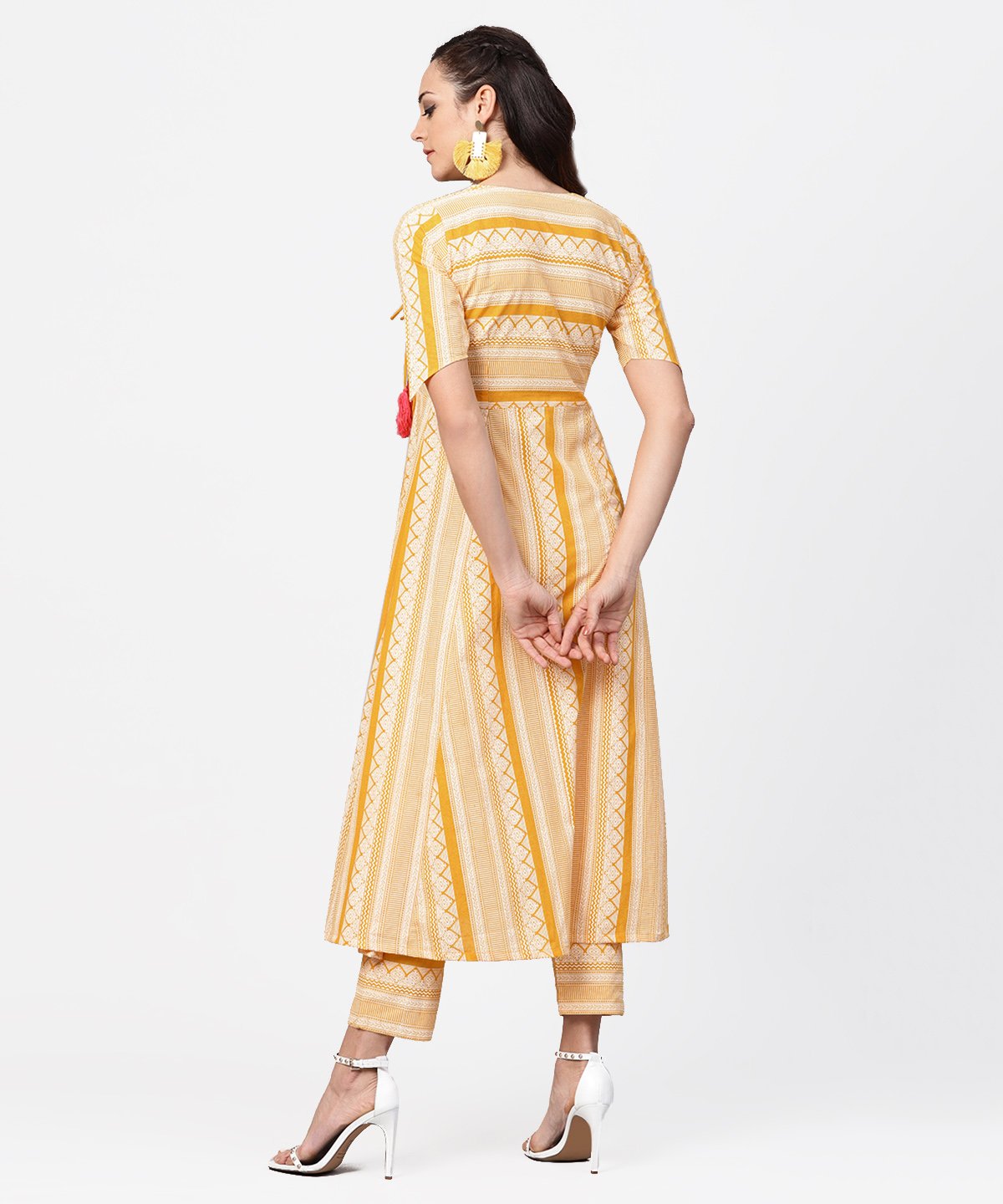 Women's Yellow Printed Half Slevee Cotton A-Line Kurta With Dori Work With Ankle Length Pant