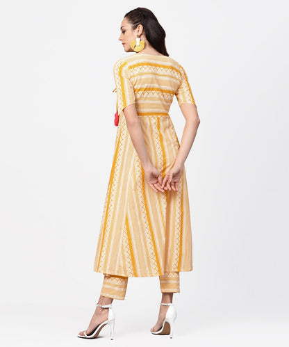 Women's Yellow Printed Half Slevee Cotton A-Line Kurta With Dori Work With Ankle Length Pant