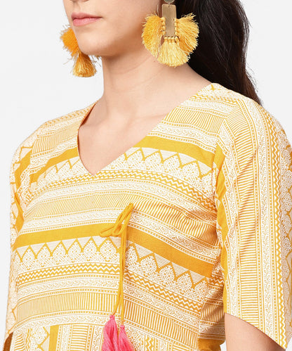 Women's Yellow Printed Half Slevee Cotton A-Line Kurta With Dori Work With Ankle Length Pant