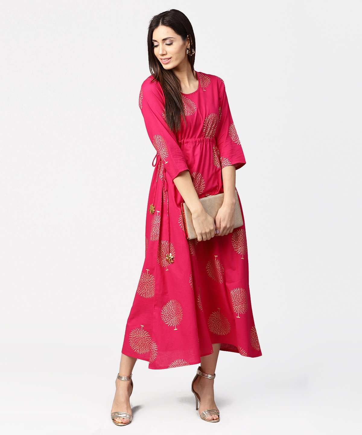 Women's Red 3/4Th Sleeve Cotton Maxi Dress With Elastic At West & Latkan