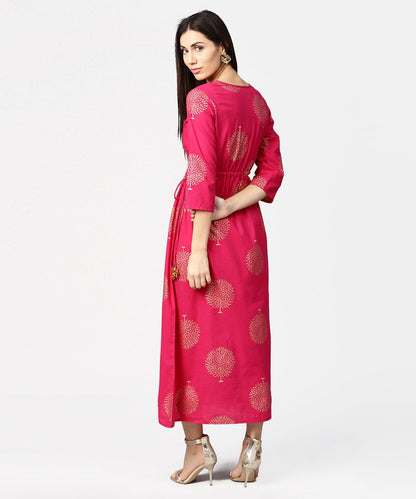 Women's Red 3/4Th Sleeve Cotton Maxi Dress With Elastic At West & Latkan