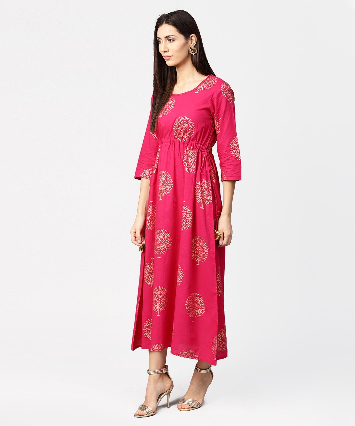 Women's Red 3/4Th Sleeve Cotton Maxi Dress With Elastic At West & Latkan