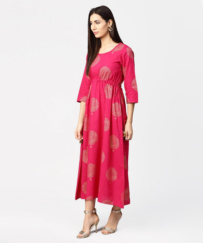 Women's Red 3/4Th Sleeve Cotton Maxi Dress With Elastic At West & Latkan