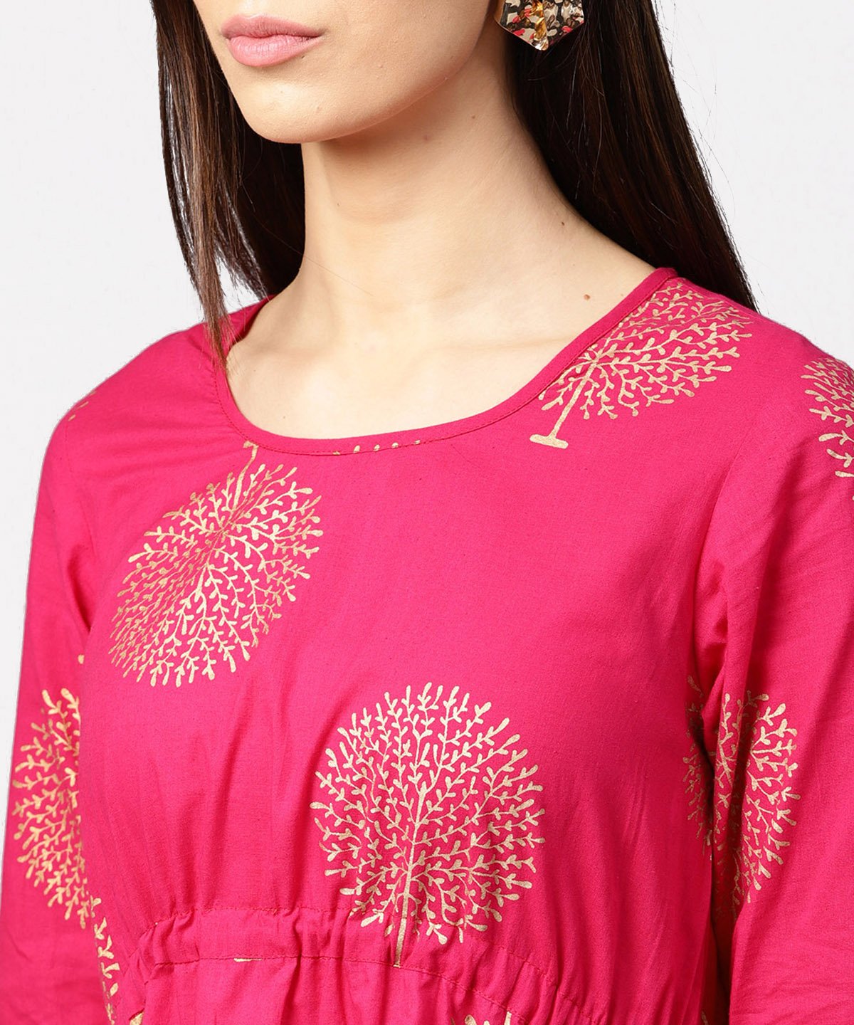 Women's Red 3/4Th Sleeve Cotton Maxi Dress With Elastic At West & Latkan