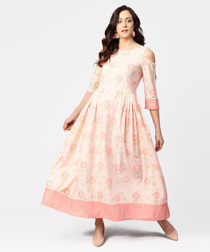 Women's Peach Printed 3/4Th Cold Shoulder Sleeve Maxi Dress