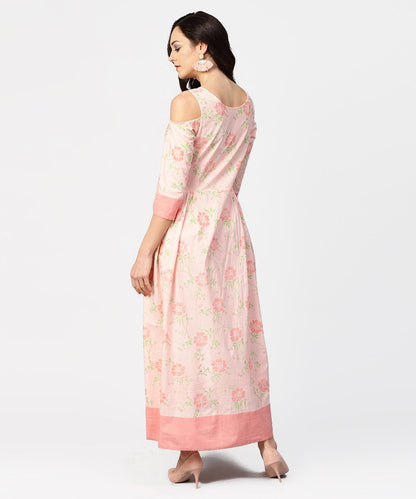 Women's Peach Printed 3/4Th Cold Shoulder Sleeve Maxi Dress