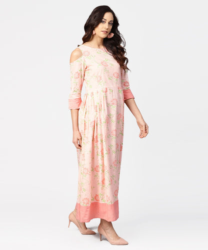 Women's Peach Printed 3/4Th Cold Shoulder Sleeve Maxi Dress