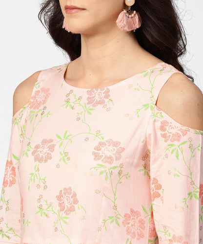 Women's Peach Printed 3/4Th Cold Shoulder Sleeve Maxi Dress