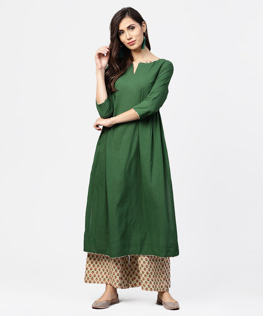 Women's Solid Green 3/4Th Sleeve Side Gathering Cotton Kurta With Printed Pallazo