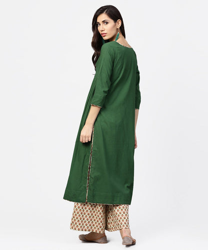 Women's Solid Green 3/4Th Sleeve Side Gathering Cotton Kurta With Printed Pallazo
