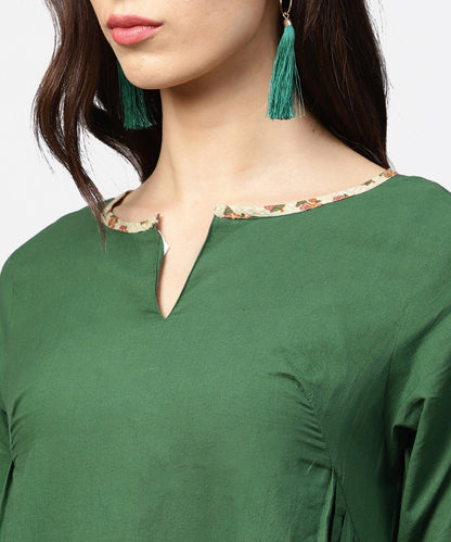 Women's Solid Green 3/4Th Sleeve Side Gathering Cotton Kurta With Printed Pallazo