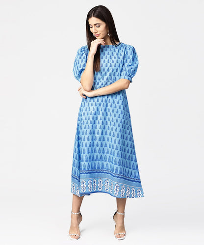 Women's Blue Printed Ballon Style Puff Sleeve Cotton A-Line Dress