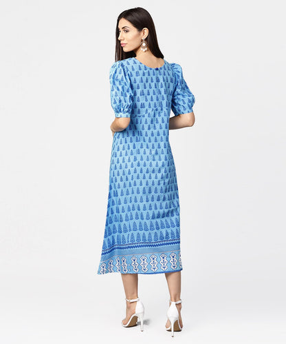 Women's Blue Printed Ballon Style Puff Sleeve Cotton A-Line Dress