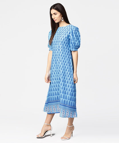 Women's Blue Printed Ballon Style Puff Sleeve Cotton A-Line Dress