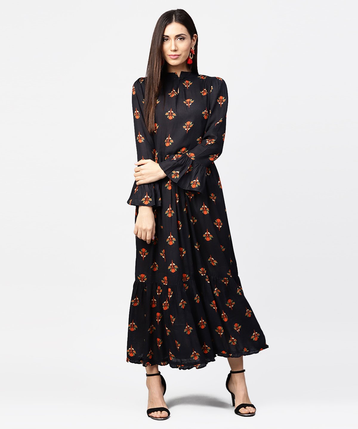 Women's Dark Blue Full Sleeve Closed Neck Cotton Maxi Dress