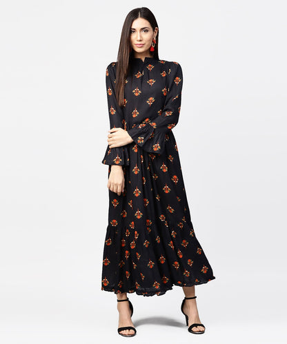 Women's Dark Blue Full Sleeve Closed Neck Cotton Maxi Dress