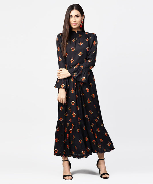 Women's Dark Blue Full Sleeve Closed Neck Cotton Maxi Dress