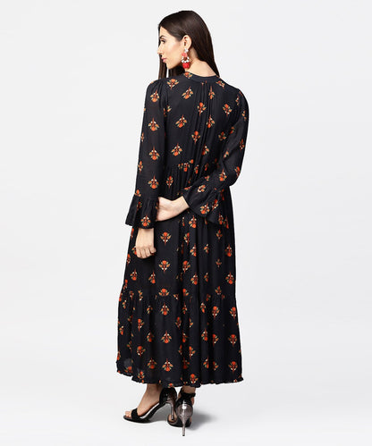 Women's Dark Blue Full Sleeve Closed Neck Cotton Maxi Dress