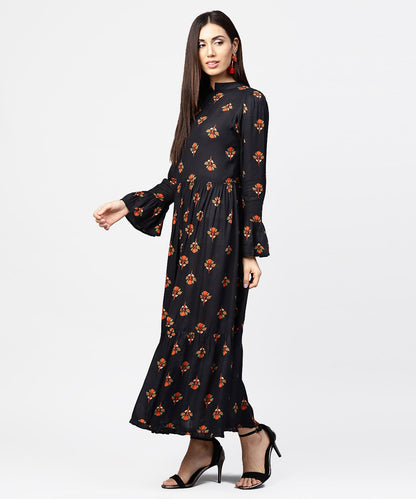 Women's Dark Blue Full Sleeve Closed Neck Cotton Maxi Dress